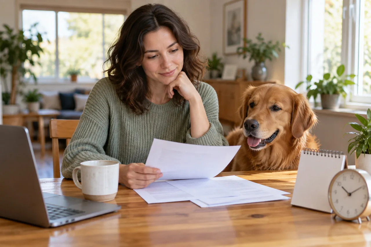 Owner reviewing documents beside a dog, calendar and clock