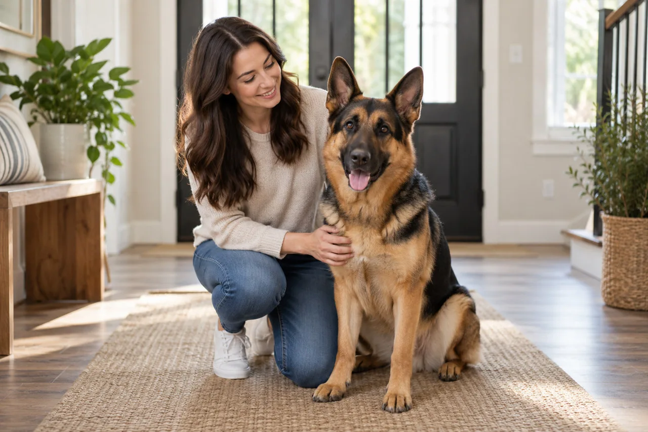 Owner kneeling beside a German shepherd-type dog at home